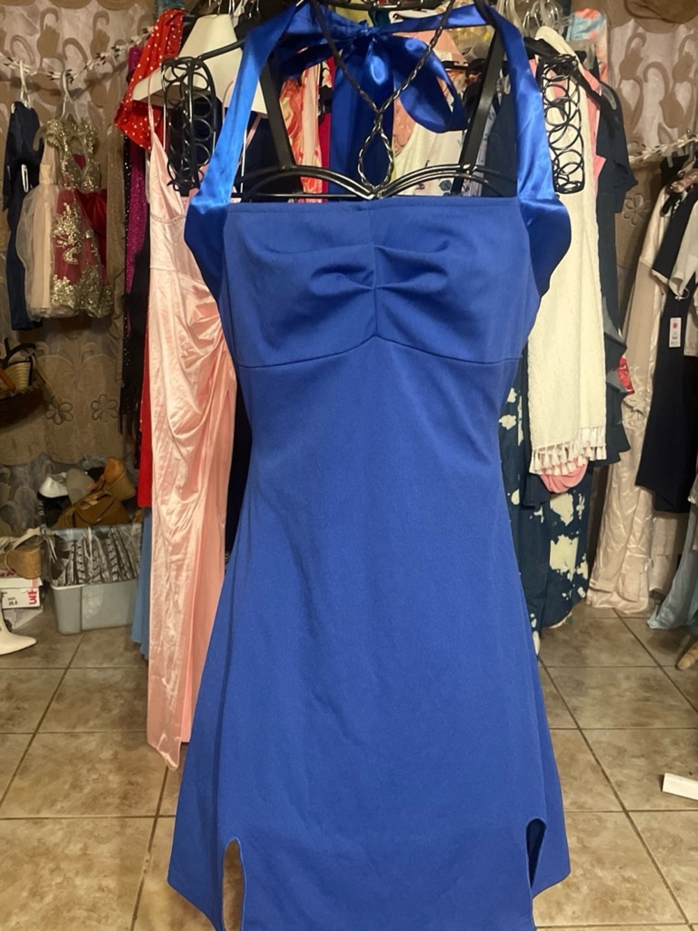 Royal Blue Halter Mini Dress with Front Slit